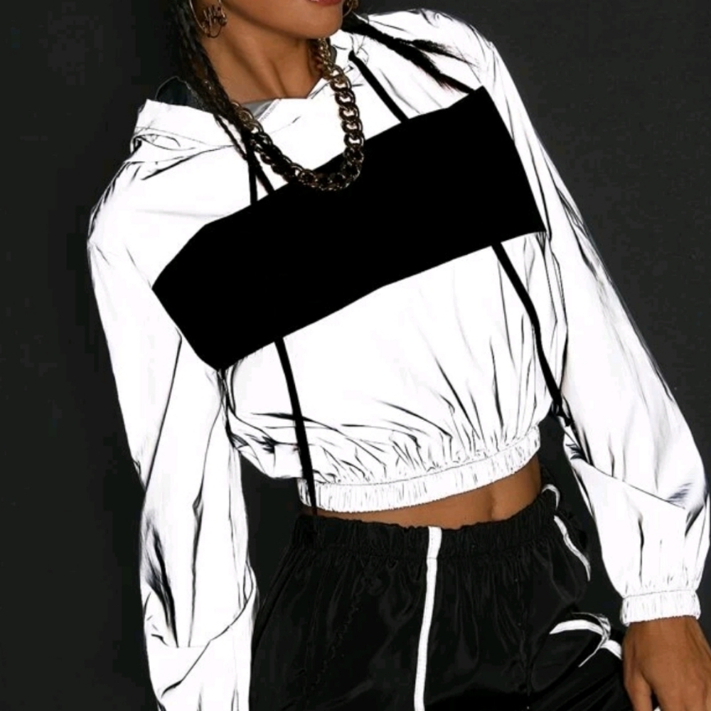Colorblock reflective drawstring crop hoodie
